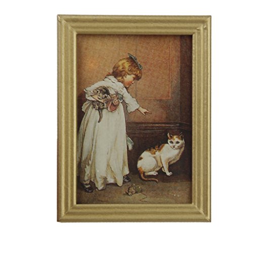 0630125576847 - DOLLHOUSE MINIATURE FRAME GIRL AND CAT MURAL WALL PAINTING 1:12