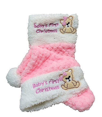 0630937328153 - SUPER SOFT COMFY PLUSH STOCKING HOLIDAY SOFT CUDDLY BABY'S FIRST CHRISTMAS MATCHING STOCKING & SANTA HAT SET ~ 12 TODDLER HAT AND 13 STOCKING EMBROIDERED WITH BABY'S FIRST CHRISTMAS (PINK)