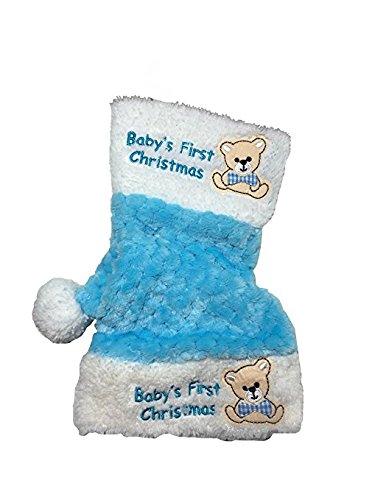 0630937328160 - SUPER SOFT COMFY PLUSH STOCKING HOLIDAY SOFT CUDDLY BABY'S FIRST CHRISTMAS MATCHING STOCKING & SANTA HAT SET ~ 12 TODDLER HAT AND 13 STOCKING EMBROIDERED WITH BABY'S FIRST CHRISTMAS (BLUE)