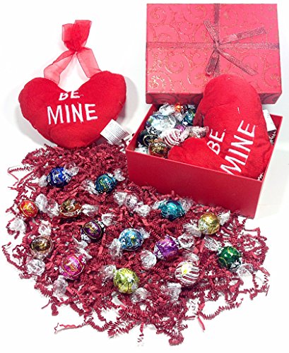 0631021094398 - LINDT RED SHIMMER VALENTINES DAY HOLIDAY GIFT BOX LINDOR TRUFFLES CHOCOLATE CANDY & PLUSH HEART DOOR HANGER ACCENT PILLOW - BE MINE