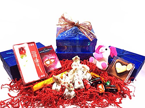 0631021095739 - BLUE SHIMMER TOWER OF LOVE VALENTINES DAY HOLIDAY GIFT BOX - GOURMET CHOCOLATE CANDY, GLASS ROSE, PUPPY & CANDLE (R)
