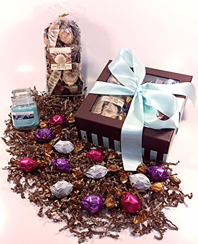 0631021096477 - TEAL RIBBON LINDT EASTER OR BIRTHDAY GIFT BOX - GOURMET LINDOR TRUFFLES CHOCOLATE CANDY, POTPOURRI & GLASS CANDLE