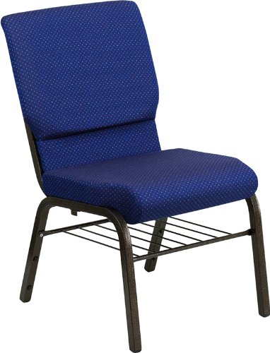 0632181253175 - FLASH FURNITURE HERCULES SERIES 18.5 W NAVY BLUE PATTERNED CHURCH CHAIR WITH BOOK RACK-GOLD VEIN