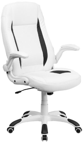 0632181260296 - HIGH BACK WHITE LEATHER EXECUTIVE SWIVEL OFFICE CHAIR WITH FLIP-UP ARMS