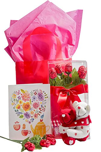 0632709772652 - I LOVE YOU CANDY BOUQUET - 1 DOZEN RED FOILED BELGIAN CHOCOLATE ROSES WITH VASE 12CT, VALENTINE HEART TEDDY BEARS