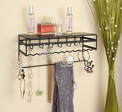0633125136615 - BLACK 13.5 WALL MOUNT JEWELRY & ACCESSORY STORAGE RACK ORGANIZER SHELF FOR EARRINGS, BRACELETS, NECKLACES, & HAIR ACCESSORIES