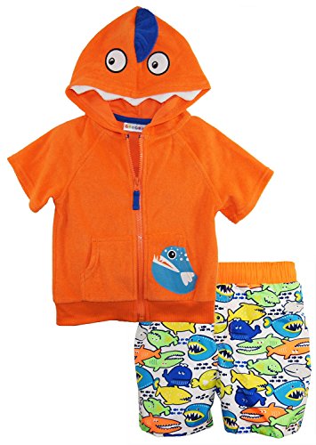 0633585653813 - WIPPETTE BABY BOYS ANGRY FISH SWIM TRUNK AND HOODED TERRY COVERUP BEACH SET, ORANGE, 12 MONTHS