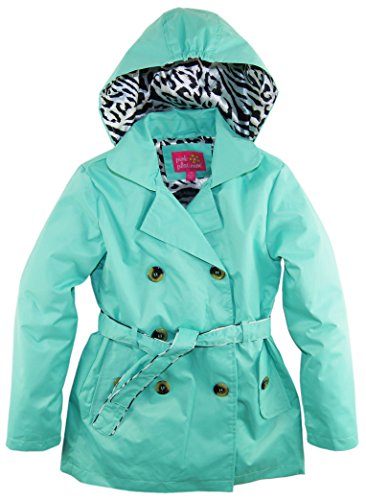 0633585654452 - PINK PLATINUM BIG GIRLS HOODED TRENCH RAINCOAT JACKET WITH ANIMAL ACCENTS LINING, SEAFOAM, 10/12
