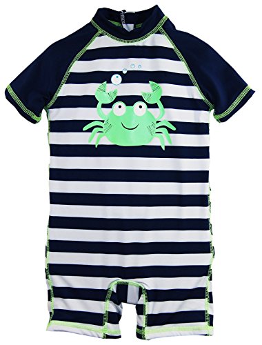 0633585658993 - WIPPETTE BABY BOYS SWIMWEAR NAVY STRIPES WITH CUTE CRABBY 1-PIECE RASH GUARD, LIME, 18 MONTHS