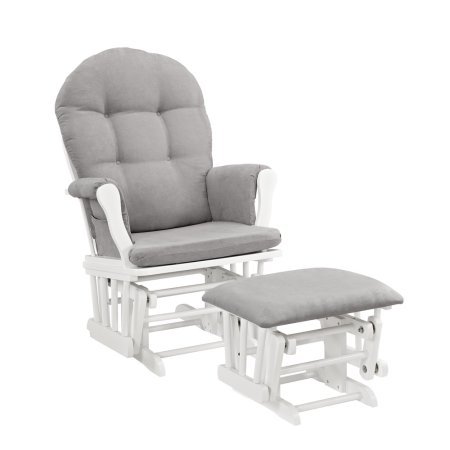 0633653198208 - PADDED ARMS AND STORAGE POCKETS GLIDER AND OTTOMAN, WHITE W/ GRAY CUSHION