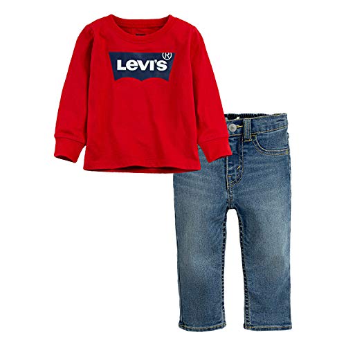 0633731051425 - LEVIS BABY BOYS TODDLER LONG SLEEVE T-SHIRT AND DENIM 2-PIECE OUTFIT SET, SUPER RED, 2T