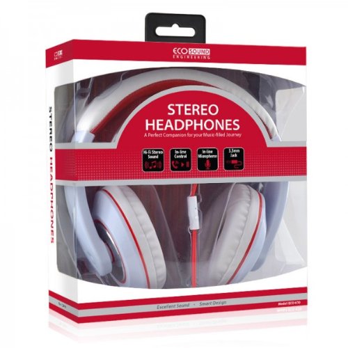0633755123801 - ECO SOUND ENGINEERING V30 STEREO ON-EAR HEADPHONES WITH IN-LINE MICROPHONE - WHITE/RED