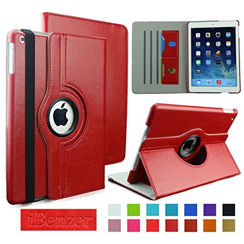 0633841659528 - IBENZER IPAD AIR 1 CASE - 360 ROTATING FOLIO SMART LEATHER NEW DESIGNED CASE COVER FOR APPLE IPAD AIR 1 WITH WAKE & SLEEP FUNCTION - RED IP5-360RD