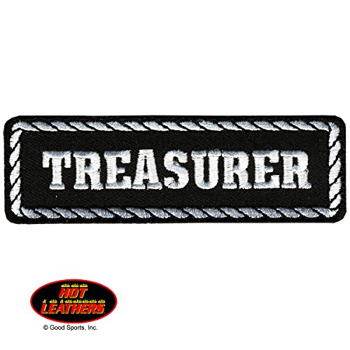 0633841672473 - HOT LEATHERS, TREASURER, BLACK & WHITE - HIGH THREAD IRON-ON / SAW-ON RAYON PATCH - 4 X 1, EXCEPTIONAL QUALITY
