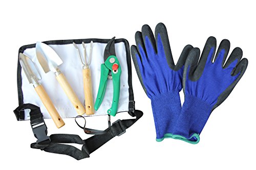 0634301431975 - GARDENING GLOVES WITH 4 PCE BONSAI TOOL SET WOMEN-DURABLE NITRILE LONG CUFFS GLOVES AND SEEDLING TRANSPLANT PACKAGE FOR GARDEN LADIES KIDS