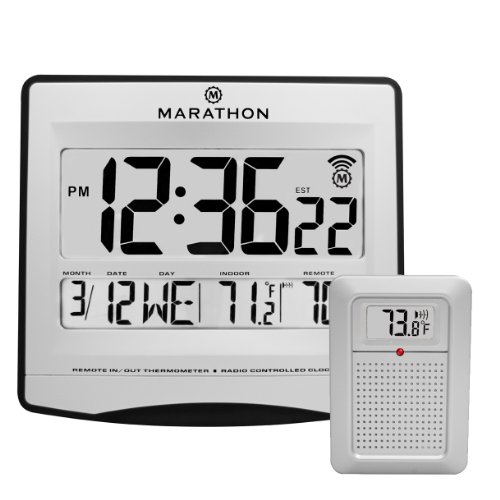 0063442320198 - MARATHON CL030027 ATOMIC WALL CLOCK WITH 8 TIMEZONES, INDOOR/OUTDOOR TEMPERATURE & DATE IN SILVER - BATTERIES INCLUDED