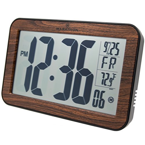 0063442320235 - MARATHON CL030033WD ATOMIC SELF-SETTING SELF-ADJUSTING WALL CLOCK W/ STAND & 8 TIMEZONES - WOOD TONE - BATTERIES INCLUDED