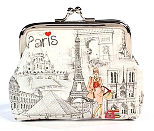 0634972571956 - COIN PURSE - PARIS THEMED WITH A WOMAN IN A PEACH SUIT AMONG PARIS LANDMARKS