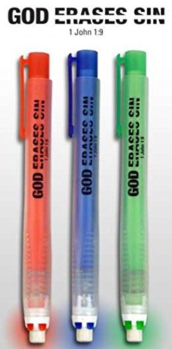 0634989107018 - GOD ERASES SIN NON-ABRASIVE PLASTIC STICK ERASER IN PEN-SHAPED HOLDER - PACK OF 3 RED/BLUE/GREEN