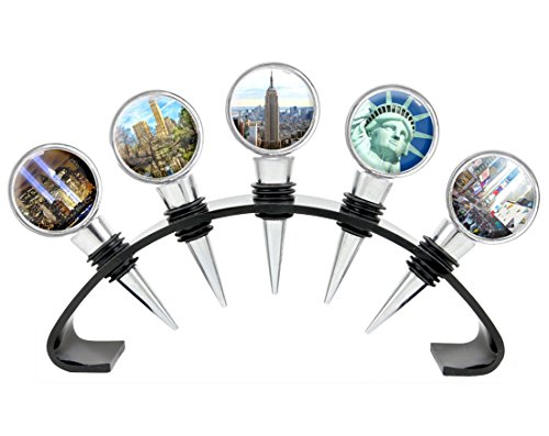 0635292329609 - NEW YORK CITY EMPIRE STATE BUILDING STATUE OF LIBERTY CENTRAL PARK TIMES SQUARE CUSTOM WINE STOPPER SET OF 5 STOPPERS WITH FREE STAND