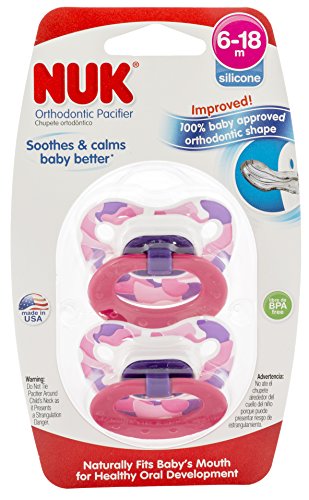 0635409944404 - NUK SILICONE ORTHODONTIC PACIFIER CAMO 2 PACK, PINK/PURPLE, SIZE 2