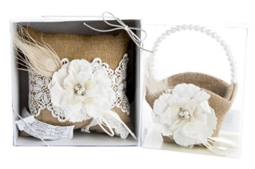 0635409945258 - MAVEN GIFTS: LILLIAN ROSE BURLAP AND LACE 8 RING PILLOW WITH LILLIAN ROSE BURLAP AND LACE 7.5 FLOWER BASKET