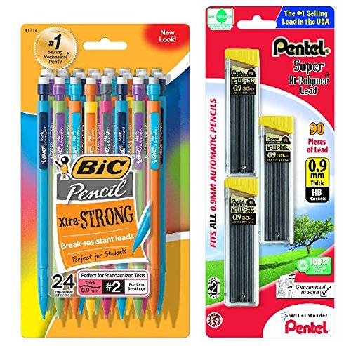 0635665177172 - BIC PENCIL XTRA STRONG (COLORFUL BARRELS), THICK POINT (0.9 MM), 24-COUNT WITH ENTEL SUPER HI-POLYMER LEAD REFILLS, 0.9 MM, 90 PIECES