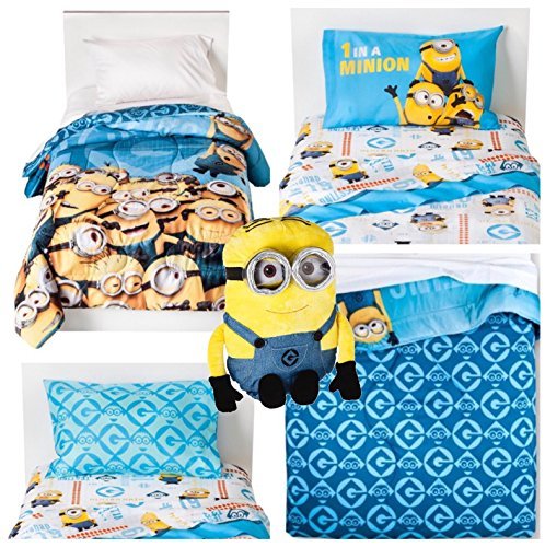 0635682281425 - UNIVERSAL'S DESPICABLE ME MINIONS TWIN 5 PIECE BED SET - REVERSIBLE COMFORTER, SHEET SET WITH PILLOWCASE AND MINION PILLOW BUDDY