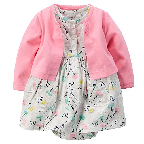 0635963784416 - CARTER'S BABY GIRLS' 2 PIECE FLORAL DRESS SET PINK/GREY FLOWERS-6M