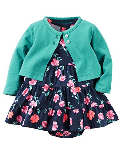 0635963790394 - CARTER'S BABY GIRLS' 2 PIECE FLORAL DRESS SET GREEN/NAVY FLOWERS-12M