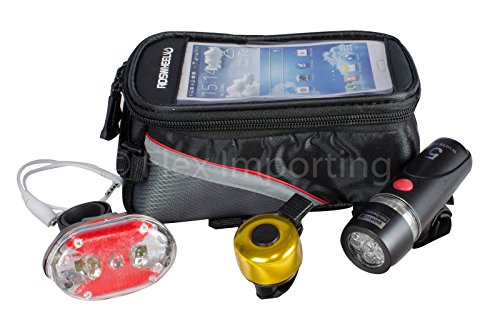 0636123290006 - BIKE COMMUTER KIT INCLUDES LED FRONT & BACK BICYCLE LIGHTS SET, BELL, PHONE HOLDER BAG - TOUCHSCREEN COMPATIBLE! - SAFETY, VISIBILITY, UTILITY & CONVENIENCE - TOP TUBE POUCH CARRY KEYS, WALLET - SEE AND BE SEEN NIGHT & DAY