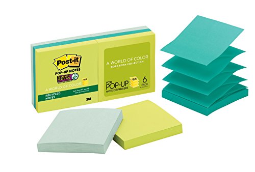 0636123706798 - POST-IT RECYCLED SUPER STICKY POP-UP NOTES, 3 IN X 3 IN, BORA BORA COLLECTION, 6 PADS/PACK