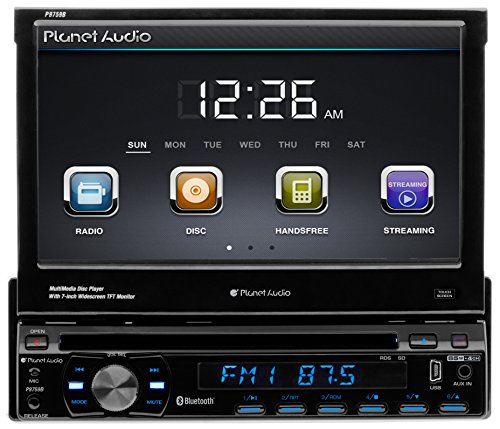 0636210105008 - PLANET AUDIO P9759B SINGLE-DIN 7 INCH MOTORIZED TOUCHSCREEN DVD PLAYER, RECEIVER, BLUETOOTH, DETACHABLE FRONT PANEL, WIRELESS REMOTE