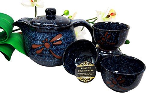 0636676558936 - ATLANTIC COLLECTIBLES JAPANESE TOMBO DRAGONFLY BLUE GLAZED CERAMIC 20OZ TEA POT WITH METAL STRAINER AND CUPS SET SERVES 4 BEAUTIFULLY PACKAGED IN GIFT BOX