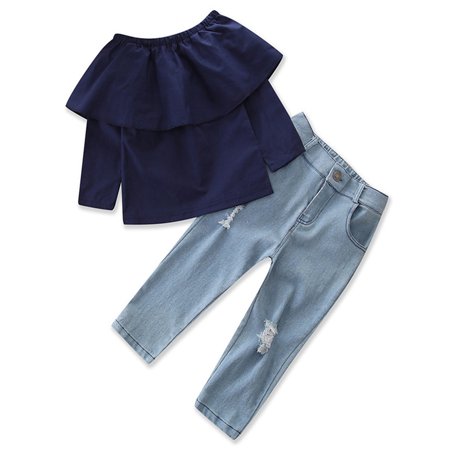 0636764724625 - STYLESILOVE SWEET GIRL SOLID COLOR OFF-THE-SHOULDER LONG SLEEVES BLOUSE AND LIGHT WASH JEAN 2 PCS OUTFIT SET (7, NAVY BLUE)