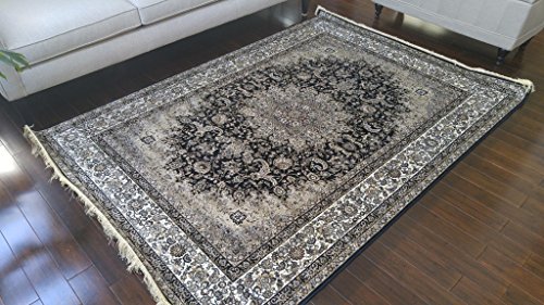0636983755820 - BLACK IVORY GREY BROWN NEW SILK TRADITIONAL ISPHAN AREA RUGS ULTRA LOW PILE 2'2X3'7 70X100CM 347BLACK
