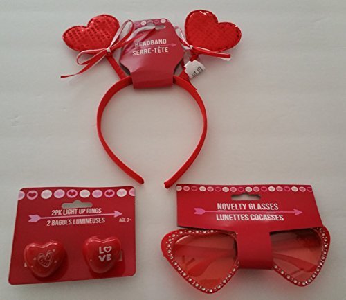 0637776416720 - VALENTINE BUNDLE 3 ITEMS - RED HEART EYE GLASSES, RED HEART HEADBAND AND 2 LIGHT UP HEART RINGS. A FUN GIFT FOR ANY LITTLE PRINCESS