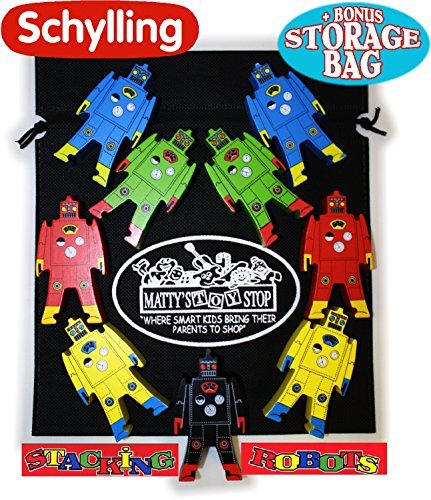 0638037702170 - SCHYLLING WOOD STACKING ROBOTS DELUXE SET WITH BONUS MATTY'S TOY STOP STORAGE BAG