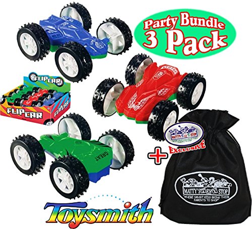 0638037704082 - TOYSMITH DOUBLE SIDED STUNT FLIP CARS (FRICTION POWERED) PARTY SET BUNDLE WITH EXCLUSIVE MATTY'S TOY STOP STORAGE BAG - 3 PACK (ASSORTED)