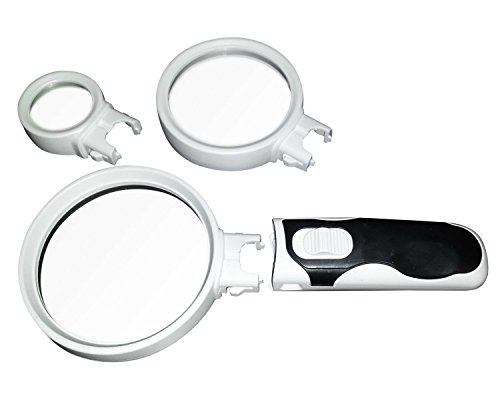 0638361137563 - MAGNIFYING GLASS WITH LIGHT - HANDHELD INTERCHANGEABLE 3 MAGNIFIER LENSES 2.5X, 5X, 16X HIGH MAGNIFICATION POWER - PERFECT FOR SENIOR READING, JEWELRY ILLUMINATED LOUPE, ELECTRONICS REPAIR, HANDY