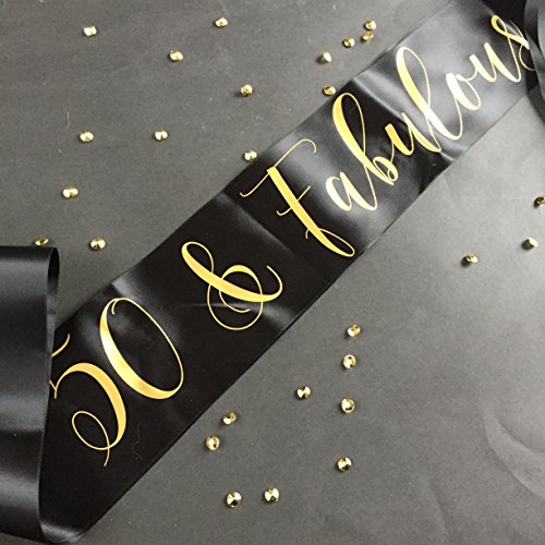 0638362708182 - ELEGANT 50 AND FABULOUS 50TH BIRTHDAY PARTY SASH IN BLACK AND METALLIC GOLD