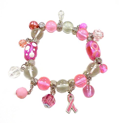 0638455956803 - LINPENG BR-2254E HAND PAINTED PINK RIBBON MULTI STYLE GLASS BEADS & CHARMS STRETCH BRACELET IN FREE GIFT BAG