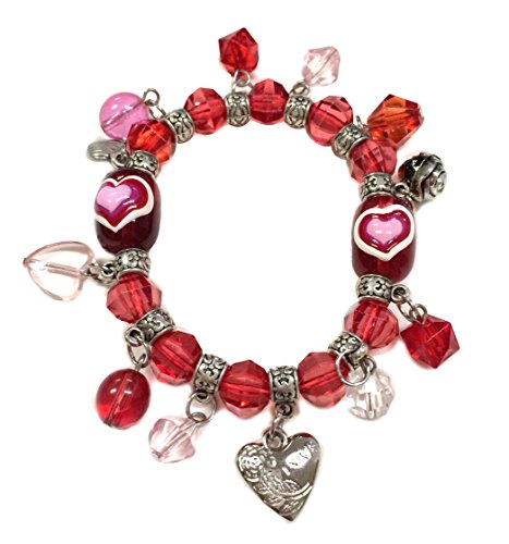 0638455956810 - LINPENG BR-2257A HAND PAINTED HEARTS MULTI STYLE GLASS BEADS & CHARMS STRETCH BRACELET IN FREE GIFT BAG