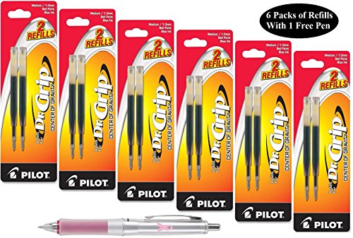 0638458805924 - PILOT DR. GRIP CENTER OF GRAVITY REFILLS, BLUE INK, MEDIUM POINT, 6 PACKS OF REFILLS WITH ONE FREE DR. GRIP CENTER OF GRAVITY, BREAST CANCER AWARENESS PINK PEN