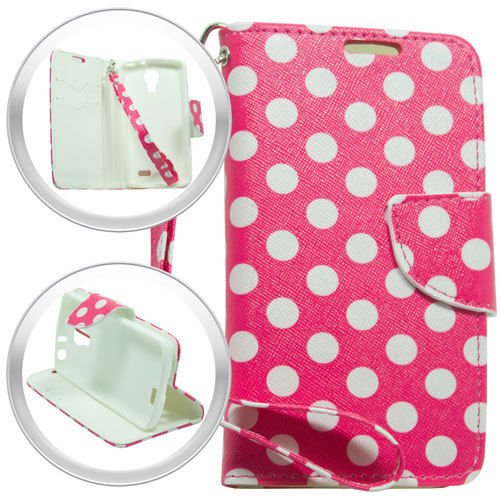 0638872174040 - PHONE CASE LG ACCESS LTE L31 LG F70 CUTE DESIGN WALLET WRISTLET PROTECTOR COVER + FREE PRIMO DESIGN CARTOON FOLDABLE TOTE BAG (HOT PINK / WHITE POLKA DOTS)
