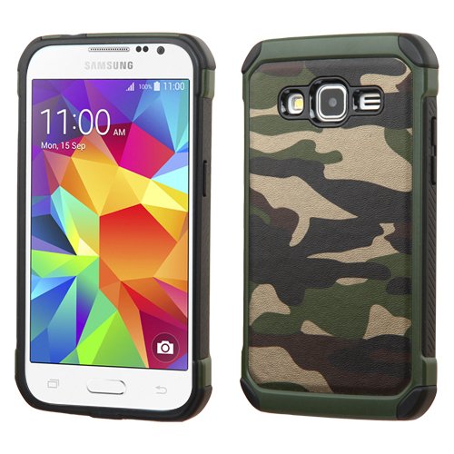 0638872240387 - CAMOUFLAGE HYBRID PROTECTOR PHONE CASE FOR SAMSUNG GALAXY PREVAIL LTE CORE PRIME + FREE PRIMO DESIGN CARTOON FOLDABLE TOTE BAG (CAMO GREEN / BLACK)