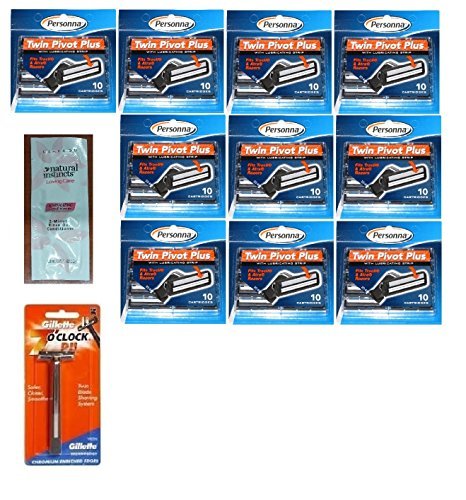 0638872589257 - 7 O'CLOCK PII TRAC II RAZOR + PERSONNA TWIN PIVOT PLUS REFILL RAZOR CARTRIDGES W/ LUBRICATING STRIP FOR ATRA & TRAC II RAZORS 10 CT. (PACK OF 10) WITH FREE LOVING COLOR TRIAL SIZE CONDITIONER