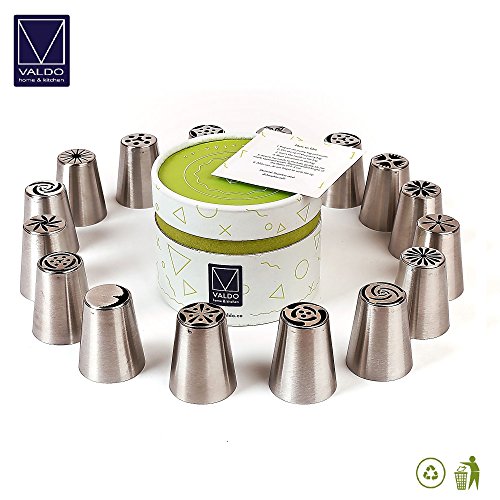 0638932415090 - VALDO RUSSIAN PIPING BAGS AND TIPS 20 PCS SET OF 16 STAINLESS STEEL LARGE SIZE CAKE DECORATING TOOLS WITH 4 ICING BAGS , STORAGE BOX - HOW TO USE INSTRUCTION INCLUDED