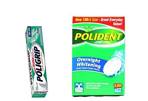 0639112742166 - POLIDENT DENTURE CLEANER OVERNIGHT WHITENING WITH TRIPLE-MINT 120 TABLETS AND POLIGRIP DENTURE ADHESIVE CREAM ZINC FREE