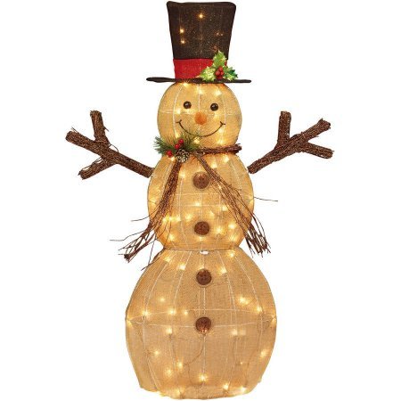 6391910535404 - HOLIDAY TIME 48 SPARKING BURLAP SNOWMAN WITH BLACK HAT LIGHT SCULPTURE